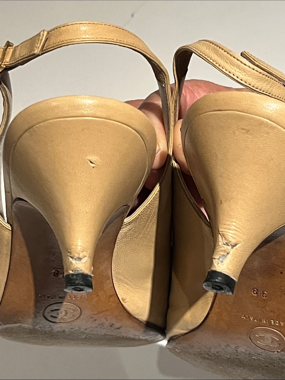 CHANEL Beige Leather Slingback Heels with Black Quilted Toe - Picture 10 of 11